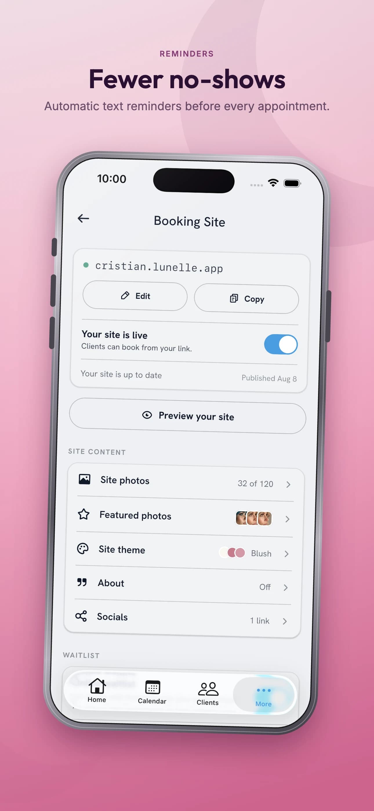 Booking site settings